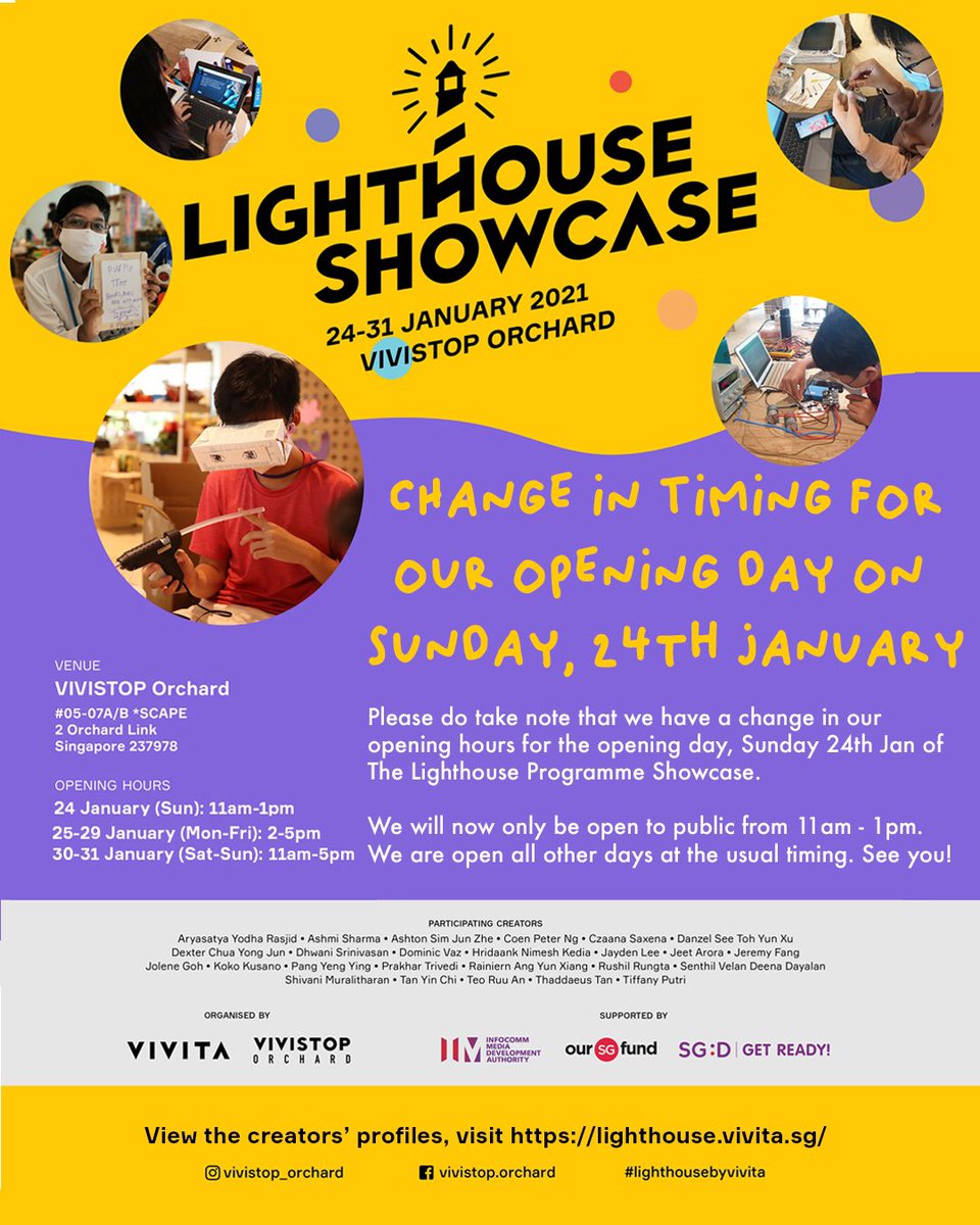 VivistopOrchard's tweet photo. Hello! If you are planning to head down to the Lighthouse showcase this weekend, please take note of our new opening hours. 

Bookings are not required for your visit but please expect to queue when the exhibition space has reached the maximum capacity.

#lighthousebyvivita https://t.co/Ws8DqaY2oo