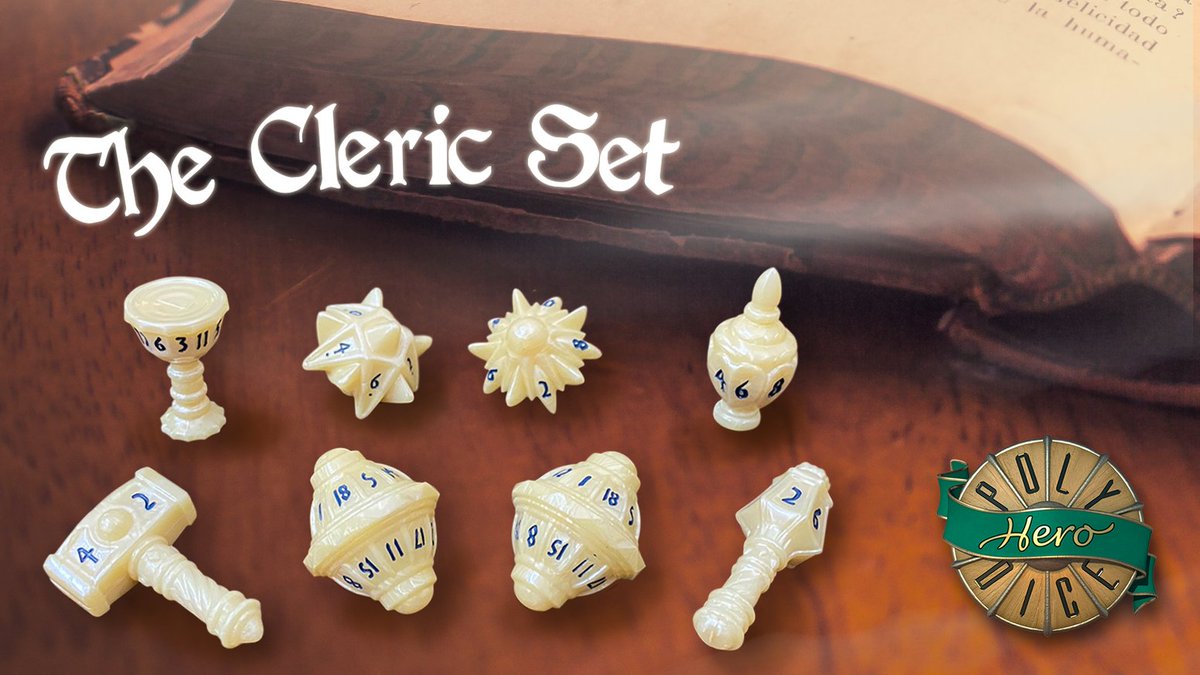 LIVE ON KICKSTARTER NOW: Channel the divine with a new set of 8 dice designed for Clerics of all types. Bless your whole party with new 8-die dice for Warriors, Rogues, &amp; Wizards!
.
.
.
#ClericDice #PolyHeroDice #DungeonsAndDragons #Pathfinder #dicehoard kickstarter.com/projects/polyh…