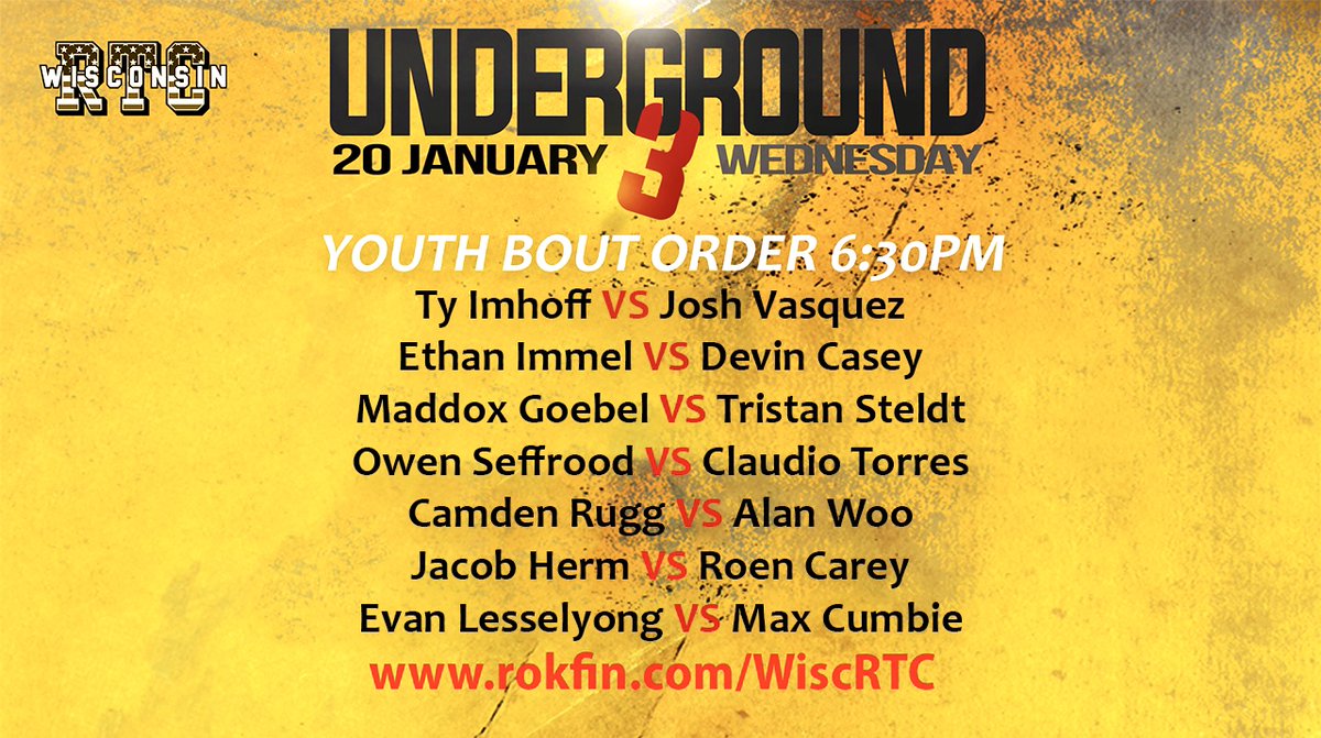 Finalized bout order for youth matches for Underground 3!
Wrestling starts at 6:30 pm! 
College/Senior matches start at 7:00 cst.

Watch these hammers on rokfin.com/WiscRTC