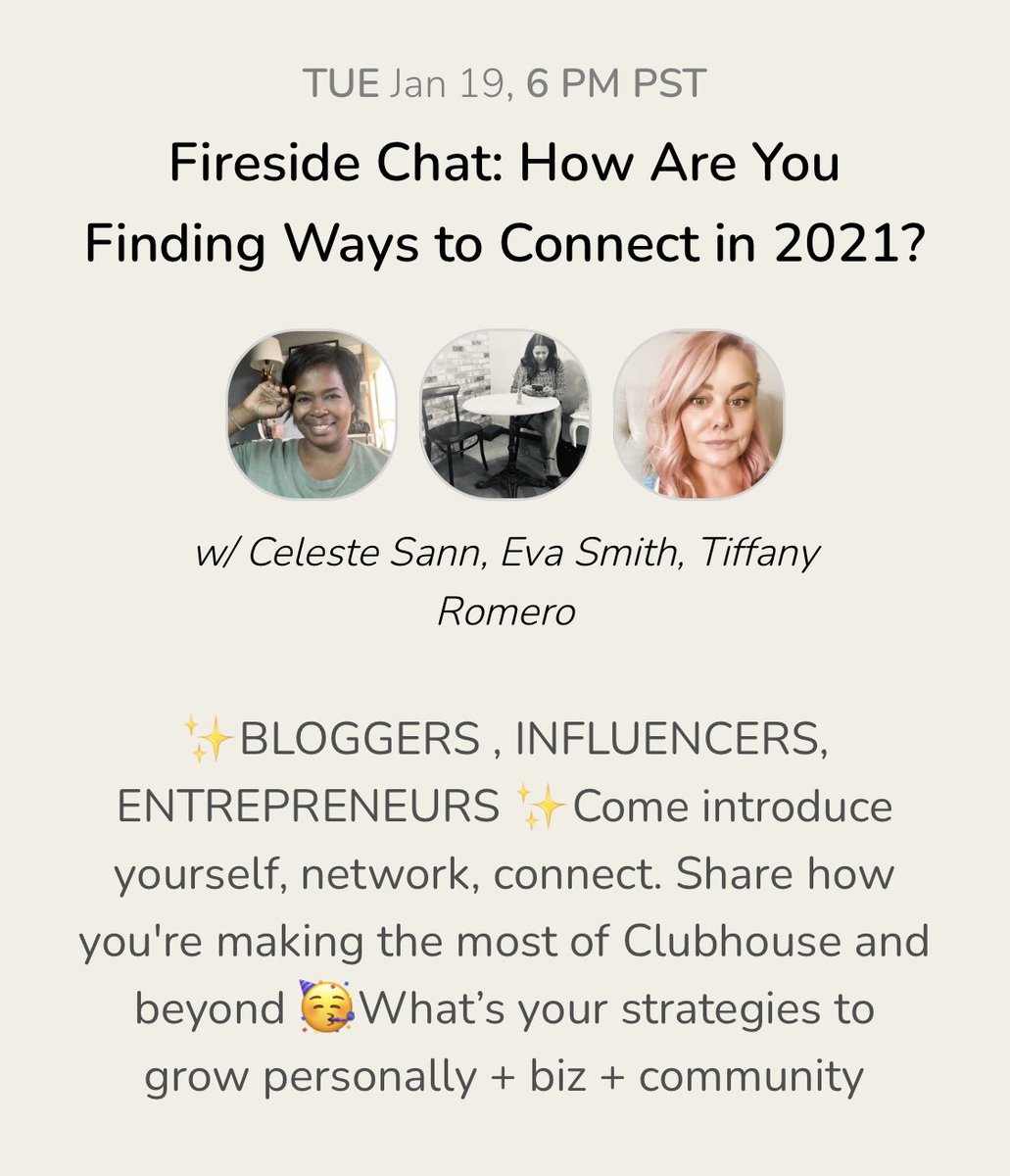 Are you on Clubhouse? 

I’m  discussing “Fireside Chat: How Are You Finding Ways to Connect in 2021?” w/ <a href="/lolaceleste_CA/">The WordPress Whisperer ✨👩🏾‍💻</a> and <a href="/SwayGroup/">Sway Group</a> <a href="/TiffanyRom/">Tiffany Romero</a> Today, Jan 19 at 6PM PST on @joinclubhouse. 

Drop your handle &amp; Join us! joinclubhouse.com/event/VMR0zj5P

#entrepreneur
#clubhousechat