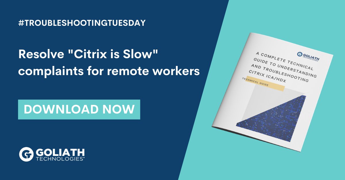 GoliathSolution's tweet image. This #TroubleshootingTuesday check out our #Citrix ICA/HDX Guide! Download now to learn more about how to #troubleshoot slow Citrix performance and prove if root cause is user behavior, home WIFI, or another IT element. #WFH #ICA #performance bit.ly/3no9J1U