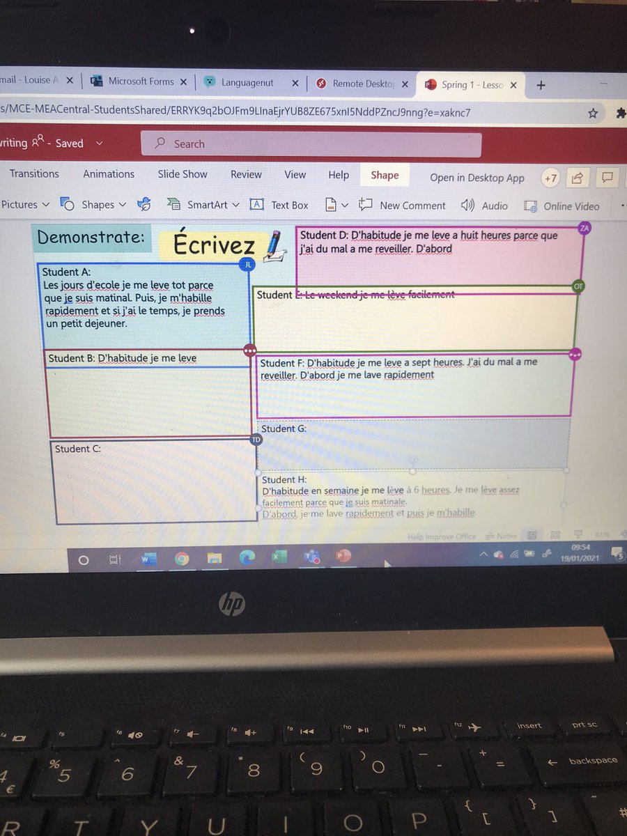 Y10 Frenchies engaging in a bit of live writing about their daily routines this morning. 
“J’ai du mal à me réveiller” (I struggle to wake up) is a popular choice! @MEACentral #remotelearning #remotelearningmfl #lockdownlearning #relatablefrench