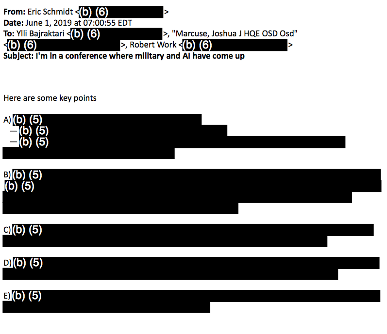 5. Meanwhile, Eric Schmidt chairs a defense board called the National Security Commission on Artificial Intelligence. The commission says it guards against conflicts, but when FOIAed, this is what it produced. Not very helpful. But I did learn that the commission uses Gmail!