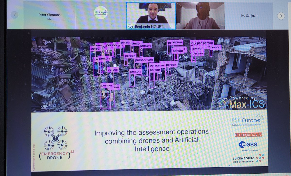 PeterClemons11's tweet photo. @EarthlabL @bhourte explaining #drone #ai project undertaken with assistance @esa #Luxembourg Ministry of Foreign Affairs at @psc_e #PSCEConference #PSCEJan2021. 
Definitely worth keeping eye on in future. 
Benjamin happy to provide more info with contact details below https://t.co/V27rZgUKkP