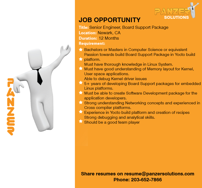 panzersolution's tweet image. Job Title: Senior Engineer, Board Support Package
Location: Newark, CA
Share resumes on resume@panzersolutions.com
Or for more info click on the below link

panzersolutions.com/view_job_oppor…

#PanzerSolutions #SeniorEngineer #BoardSupportPackage #panzerjobs #jobseekers #latestjobs #jobs