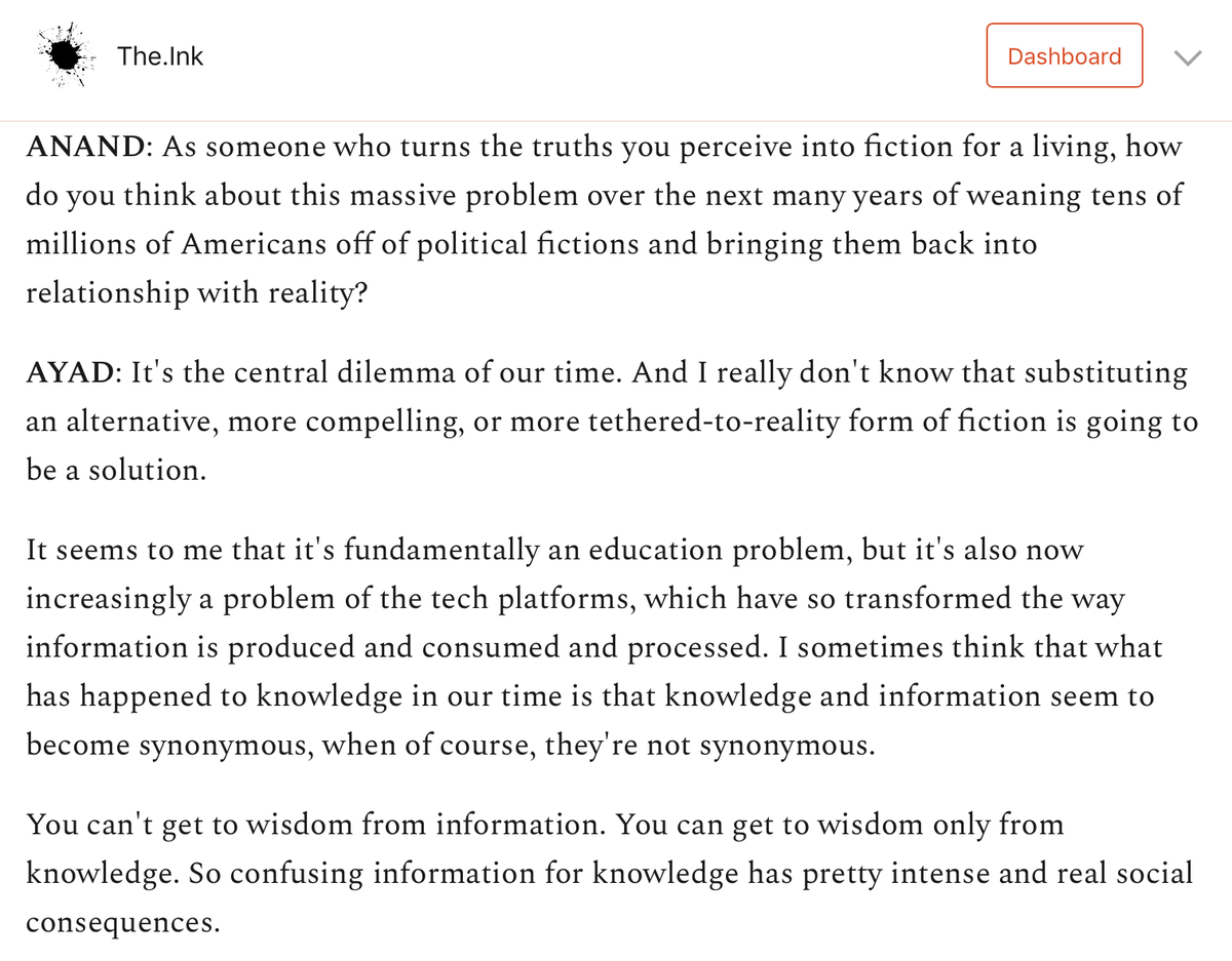 I asked  @ayadakhtar how he conceives of the problem of weaning tens of millions of Americans off of a diet of falsehoods in coming years. https://the.ink/p/ayadakhtar&nbsp;
