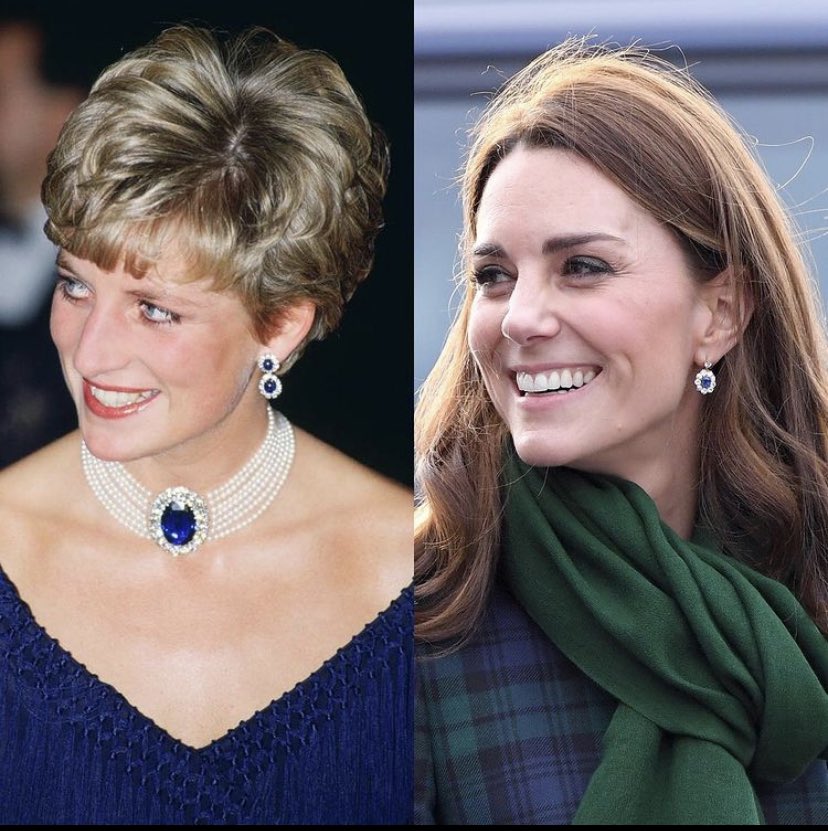6. (Rumoured) Sapphire and diamonds earrings (the Duchess put her own twist if true). They were a wedding gift to Diana part of a suite of jewels given by Crown Prince Fahd of Saudi Arabia