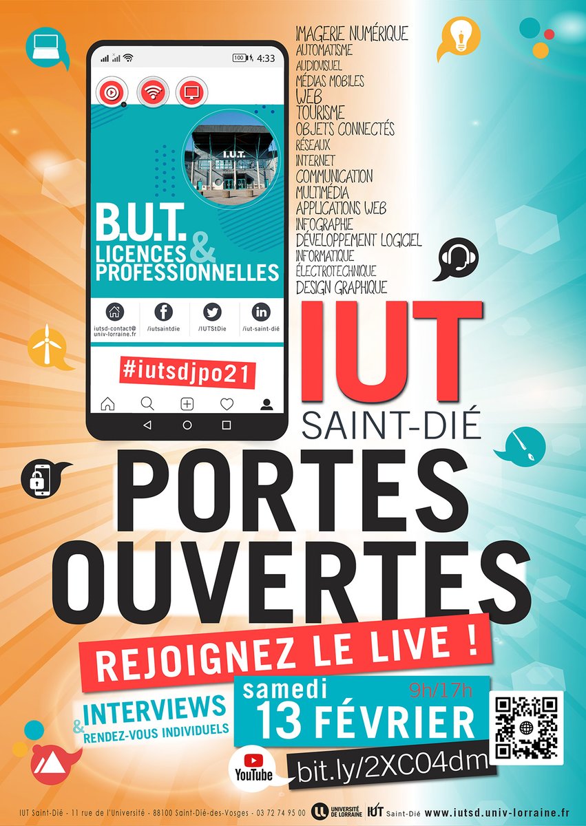 ✔️ Portes ouvertes en live pour l'IUT de Saint-Dié !
👉 Rendez-vous le 13 février 
formations B.U.T. / Licences professionnelles 
#butgeii #butinfo #butmmi #lpsarii #lpamio #lpmn #lptourisme #formations #iutsdjpo21 iutsd.univ-lorraine.fr/?p=10539 <a href="/Univ_Lorraine/">Lorraine</a>