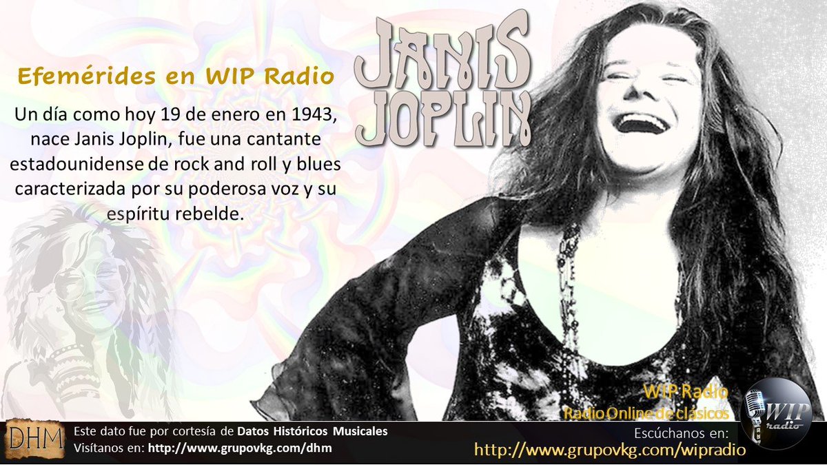 wipradio's tweet photo. Para hoy tenemos un dato historico con Janis Joplin
Somos una emisora On Line que suena clásicos del rock y del pop de todos los tiempos

Escuchanos en: https://t.co/TZzZgYd08v
Únete a nuestro grupo de Whastapp https://t.co/uvGVQ4HLkV

#wipradiomedellin #escuchowipradiomedellin https://t.co/0VANeli4Ip