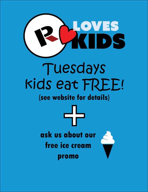 Join us for kids eat free day every Tuesday! Check out our extensive new kids menu complete with kids combo deals every day!