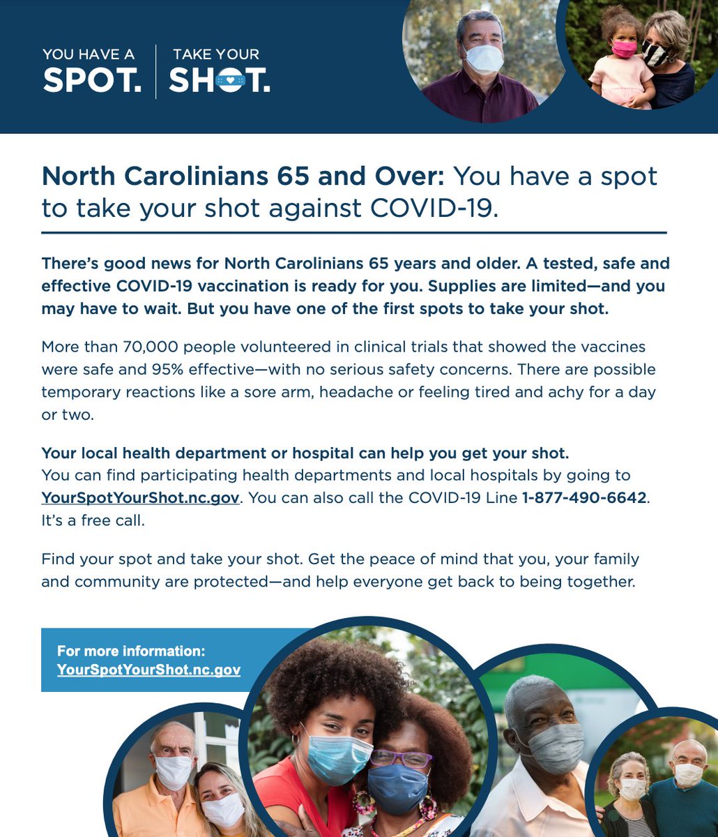 Vaccinations begin today for people 65 & older here at the health department. We'll also continue vaccinating medical providers. All vaccines are appointment only! Waitlist also available at Duke: dukemychart.org/home/publicfor…. More info on this group: files.nc.gov/covid/document…