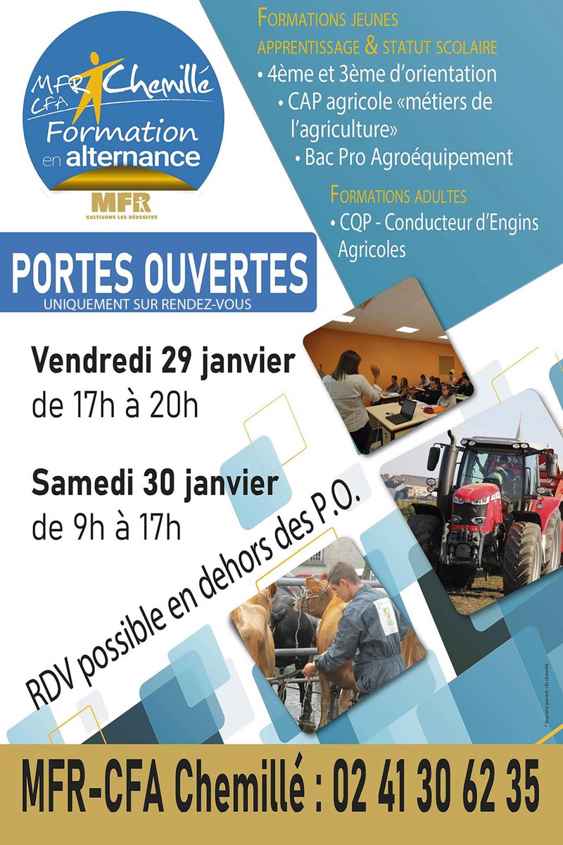 La #MFR #CFA #Chemillé est heureuse de pouvoir vous accueillir lors de ses #portesouvertes , qui se dérouleront le 29 et 30 janvier 2021, uniquement sur rendez-vous.
Merci de contacter notre centre de formation au 02 41 30 62 35, pour fixer un RDV pour une visite individualisée.