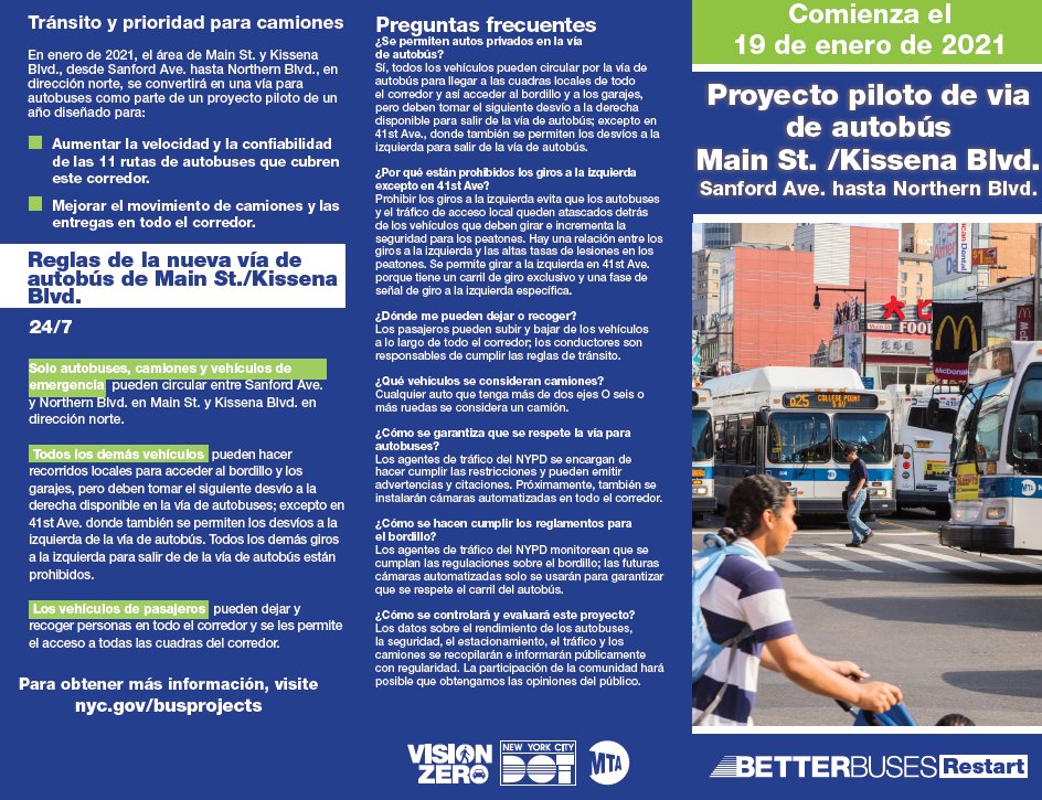 NYC_DOT's tweet photo. The Main St/Kissena Blvd Busway Pilot Project is now in effect. Only buses, trucks &amp; emergency vehicles may make through trips on northbound Main St &amp; Kissena Blvd btn Sanford Ave &amp; Northern Blvd.

All other vehicles may make local trips but must make the next right turn. https://t.co/uW1xGKEwbO