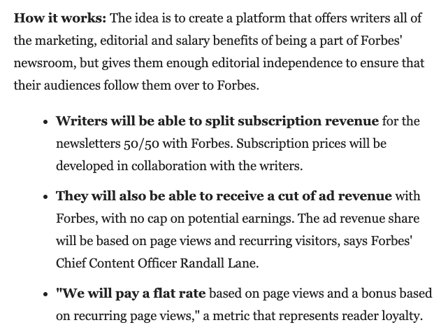 Forbes launches "Substack as Brand":
- built in distribution
- hire/advance star talent
- 50/50 revenue split on subscriptions creator/brand
- ad revenue based on PVs
- THIS IS BIG: all revenue guarantees salary minimum, benefits, legal, creator support
https://t.co/0D64xBaety https://t.co/m1t682wkbH
