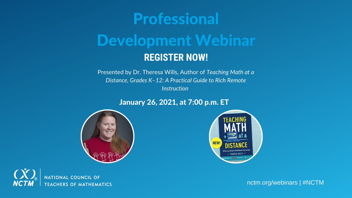 NCTM's tweet image. Mark your calendars for a members-only webinar on Jan. 26, 7:00 PM ET, presented by @theresawills, author of Teaching Math at a Distance, Grades K–12: A Practical Guide to Rich Remote Instruction.

Register here: bit.ly/35DIFFI

#mathteacher #mtbos #mathematician