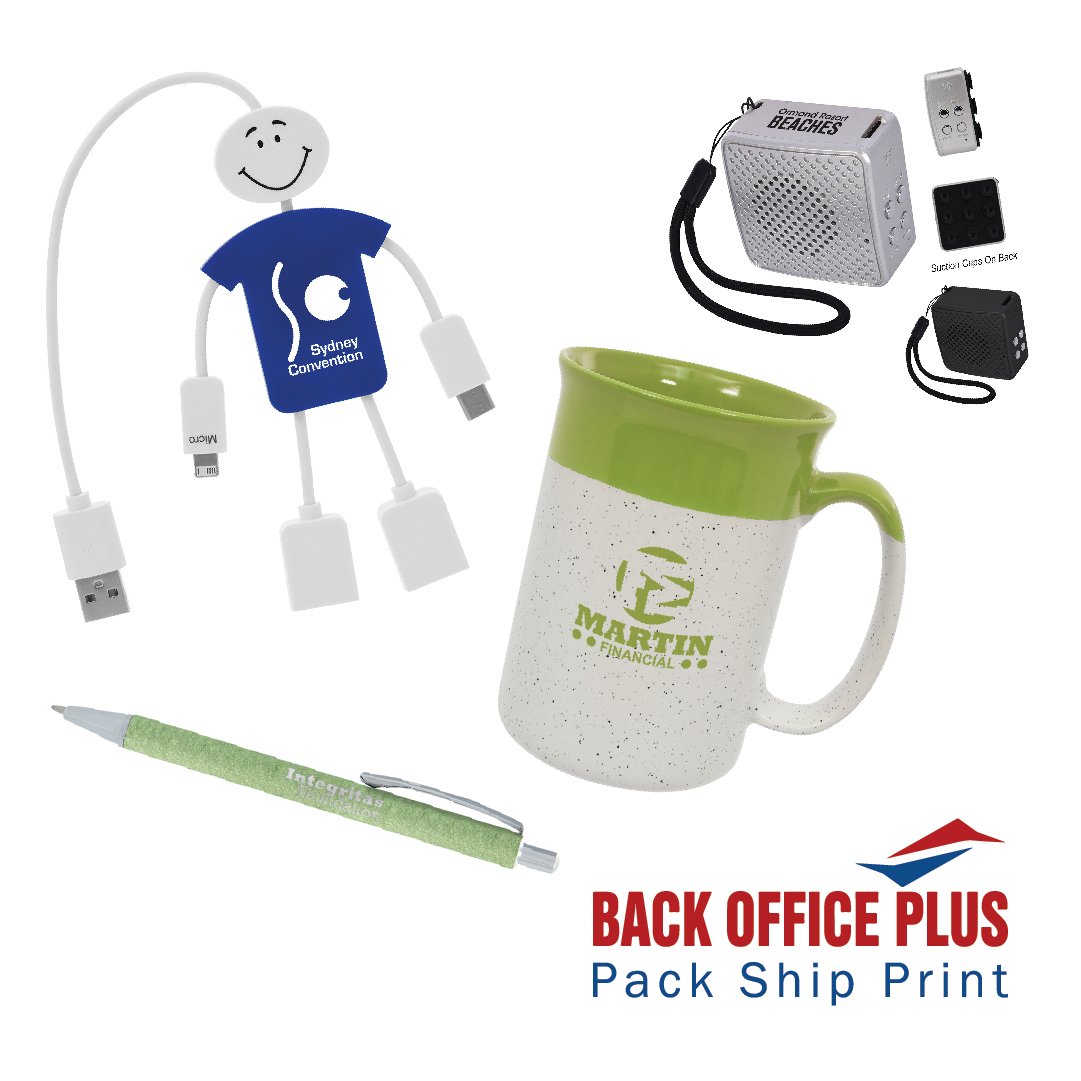 BackOfficePlus's tweet photo. Do you need promotional products for your #SmallBusiness? Let us help you order your own custom branded materials today! From mugs to pens, to speakers and chargers, we think we have something perfect for you! #BackOfficePlus #PromotionalProducts #Custom #Branding #ShopSmall https://t.co/bcYosoKiht