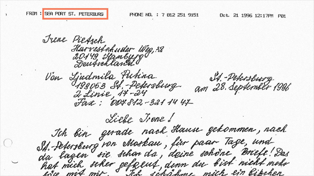 Mrs. Putina apparently faxed her letters from the St. Petersburg Sea Port, which at the time was under the control of the mobster Ilya Traber. “Intercommerz Warnig” refers to Matthias Warnig, another Dresden KGB guy who founded a bank in St. Pete and paid for the Putins’ things.