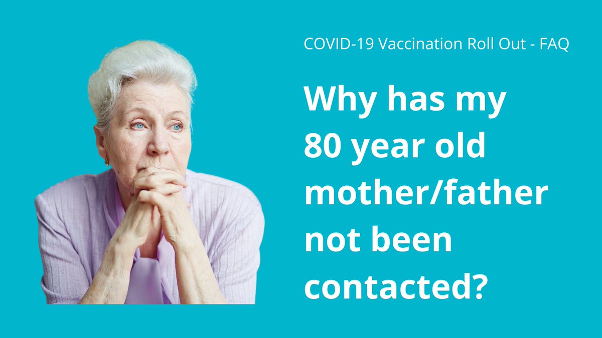 5/11 **WHY HAS MY 80 YEAR OLD MOTHER / FATHER NOT BEEN CONTACTED?**GPs are working to the available vaccine and we're getting more supplies this week so they can complete giving this cohort their first jab soon.