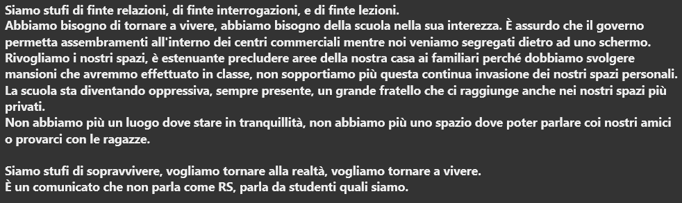 LaReteNazionale's tweet photo. Basta #dad: Siamo stufi di finte relazioni, di finte interrogazioni, e di finte lezioni. Abbiamo bisogno di tornare a vivere, abbiamo bisogno della scuola nella sua interezza.
Commento dei nostri ragazzi di Rete Studentesca⬇️⬇️ https://t.co/0SjoitKKBd