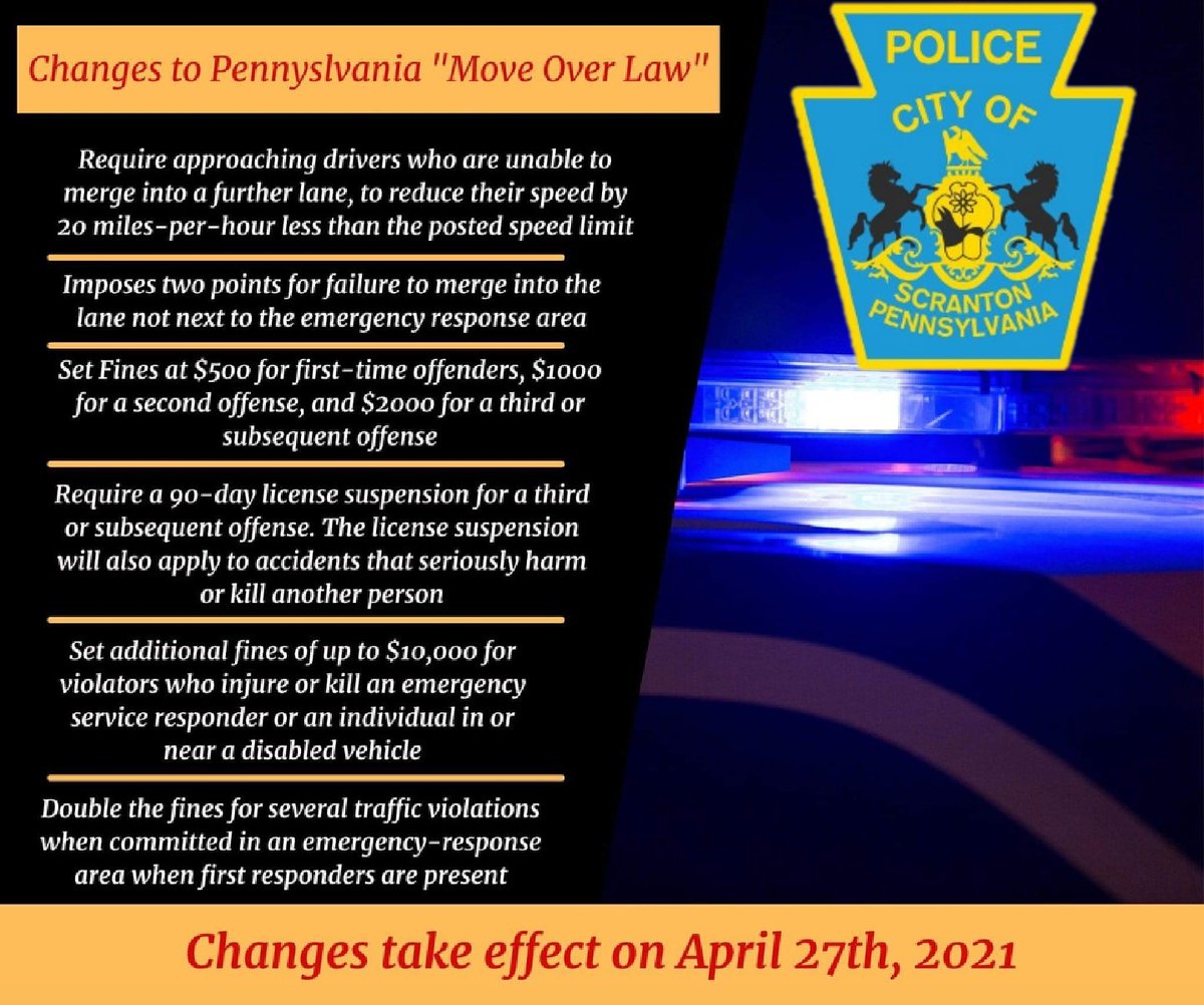 ScrantonPolice's tweet photo. Please review the changes to The Pennsylvania Move Over Law.
Slow down and move over please. It may save a life.
(Thank you Blakely Police Department for sharing this flyer)
#savealife
#slowdown
#moveover
#ScrantonPolice
#Scranton
#ElectricCity https://t.co/RpadMwmHr3