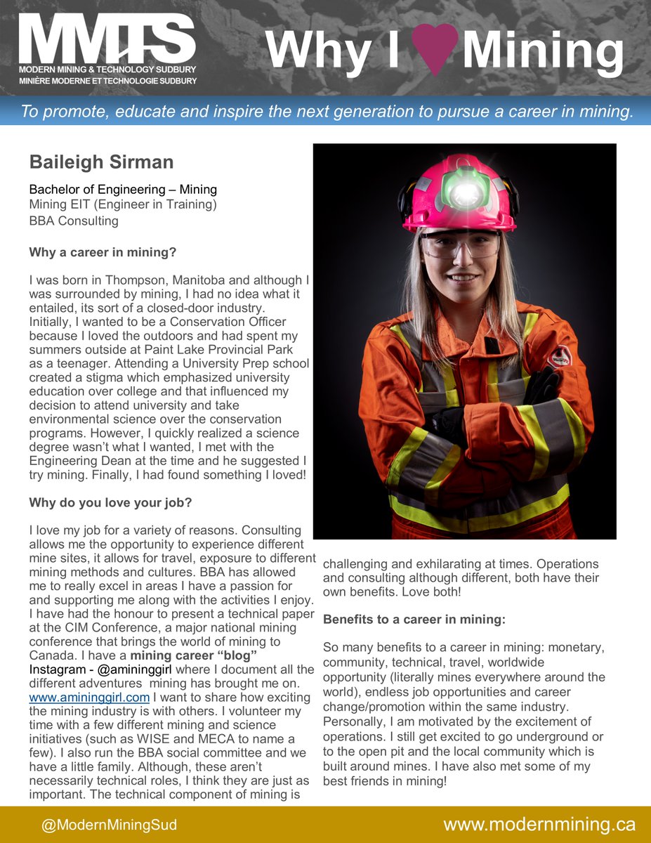 Modern Mining & Tech (@modernminingsud) on Twitter photo Modern Mining & Technology Sudbury (MMTS) is continuing to spotlight inspiring Mining Professionals for 2021! <a href="/ModernMiningSud/">Modern Mining & Tech</a> #ThisIsMining
Meet Baileigh Sirman, Mining EIT at BBA Consulting Consultants. <a href="/WISESudbury/">WISE Sudbury</a> <a href="/MecaSymposium/">MECA Symposium</a> <a href="/GSM_LU/">Goodman School of Mines</a> <a href="/OntMiningAssoc/">OntMiningAssoc</a> Modern Mining & Technology Sudbury (MMTS) is continuing to spotlight inspiring Mining Professionals for 2021! <a href="/ModernMiningSud/">Modern Mining & Tech</a> #ThisIsMining
Meet Baileigh Sirman, Mining EIT at BBA Consulting Consultants. <a href="/WISESudbury/">WISE Sudbury</a> <a href="/MecaSymposium/">MECA Symposium</a> <a href="/GSM_LU/">Goodman School of Mines</a> <a href="/OntMiningAssoc/">OntMiningAssoc</a>