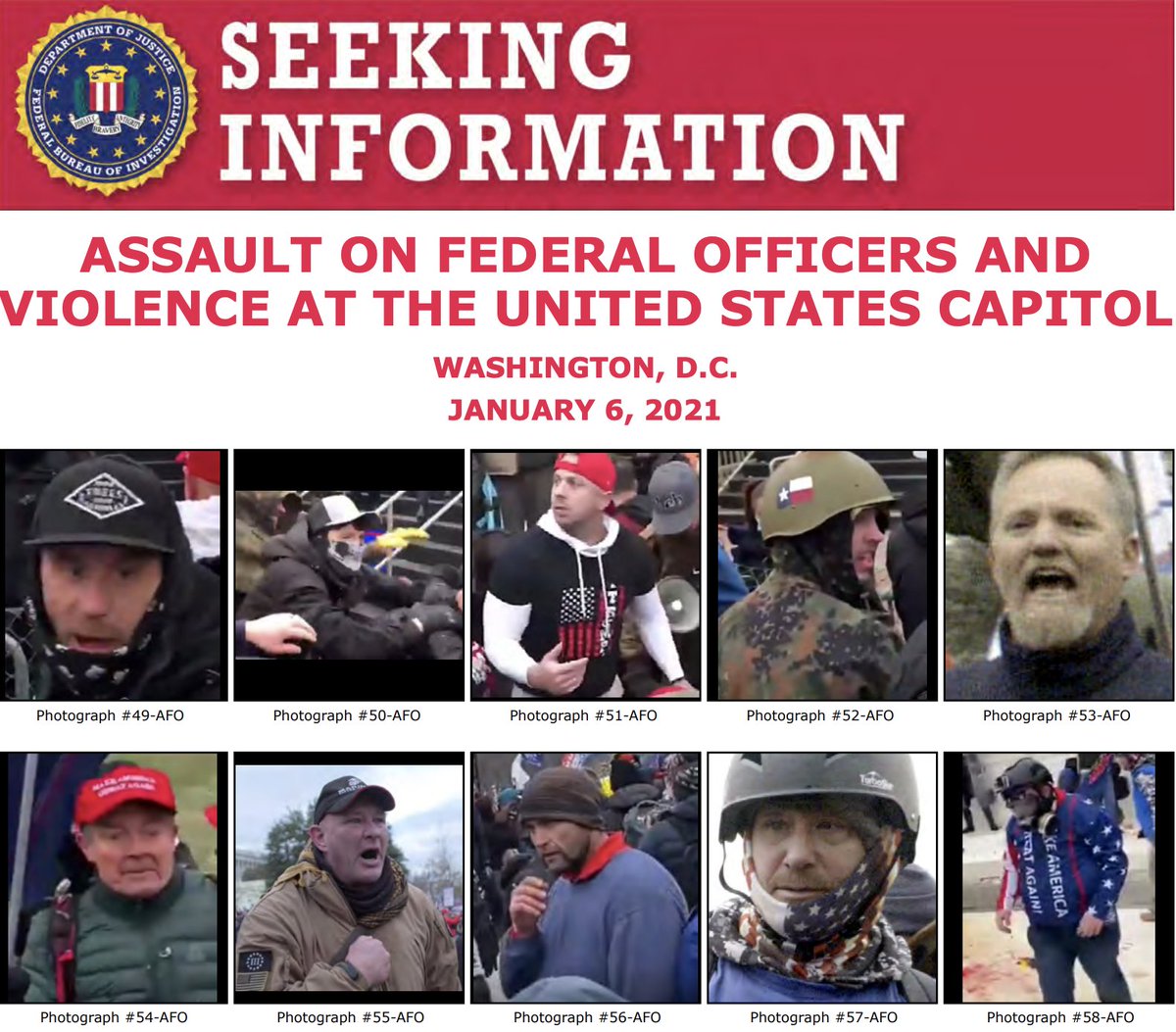 FBI's tweet photo. The #FBI is still seeking to identify individuals who instigated violence at the U.S. Capitol on January 6. We've updated some posters with better photos of unidentified individuals. Please take another look at https://t.co/jZCuCR5get, and submit tips to https://t.co/buMd8vYXzH. https://t.co/NuZDJzm8T8