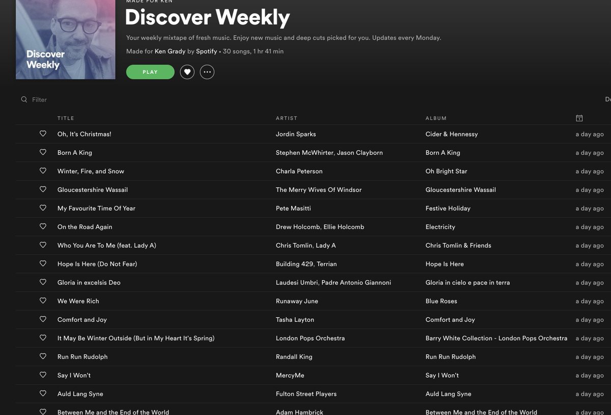 GradyKen's tweet image. Ok @Spotify - It’s true I like Christmas music. But it’s the third week of January now. Am I supposed to turn the #DiscoverWeekly playlist upside down and shake it real hard? How do I reset it from ‘The All Santa Network’? 

#algorithmfail