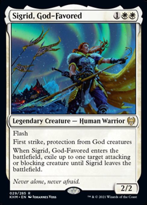 Sigrid reminds me of 1 of my favorite old staples, Wing Shards. Don't get me wrong, it's a very different card. But what they both have in common is an innate ability for card advantage. Sigrid can come down, exile a creature, and then kill another, making combat a nightmare.