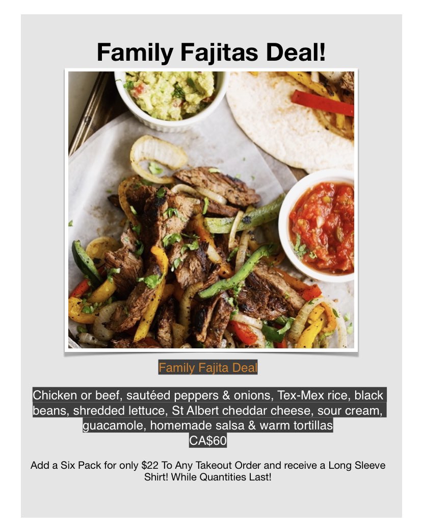 Tex Mex Tuesday! Enjoy a Mexican night with your family tonight! And hopefully after the Fiesta 🥳🌯, your kids will have a siesta😴!
Order Online at hardstonesgrill.ca/online-ordering , Kemptville 613-215-0738, Nepean 613-518-7440.  Delivery Partners in Nepean SkipTheDishes, UberEats
