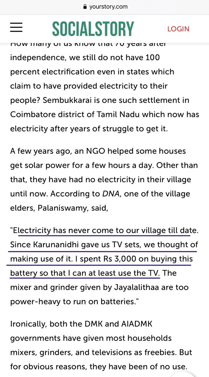 As of March 2004, Only 78.2% Rural Households had power. Sembukkarai, a village in TN got TV from Karunanidhi but his village never got power till 2017.  https://web.iitd.ac.in/~pmvs/courses/rdl722/Rural%2520electrification.pdf https://yourstory.com/2017/06/sembukkarai-gets-electricity/amp