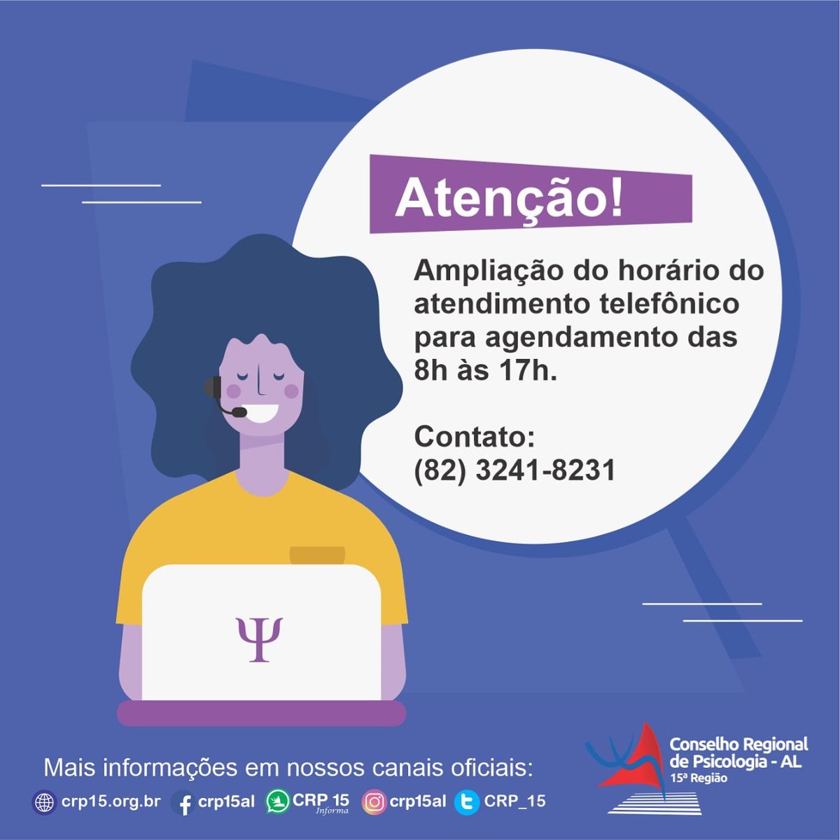 CRP_15's tweet photo. ⚠️ Atenção ⚠️

O Conselho Regional de Psicologia está (CRP-15) informa que ampliou o horário do atendimento telefônico para agendamento e agora será das 8h às 17h.

☎️ Contato: (82) 3241-8231. https://t.co/FltgCllm3M