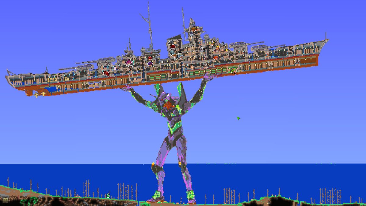 Kotaku's tweet photo. Someone Turned A Terraria Map Into An Evangelion Holding A Warship https://t.co/egXvnidymL https://t.co/Cio9o5CCre