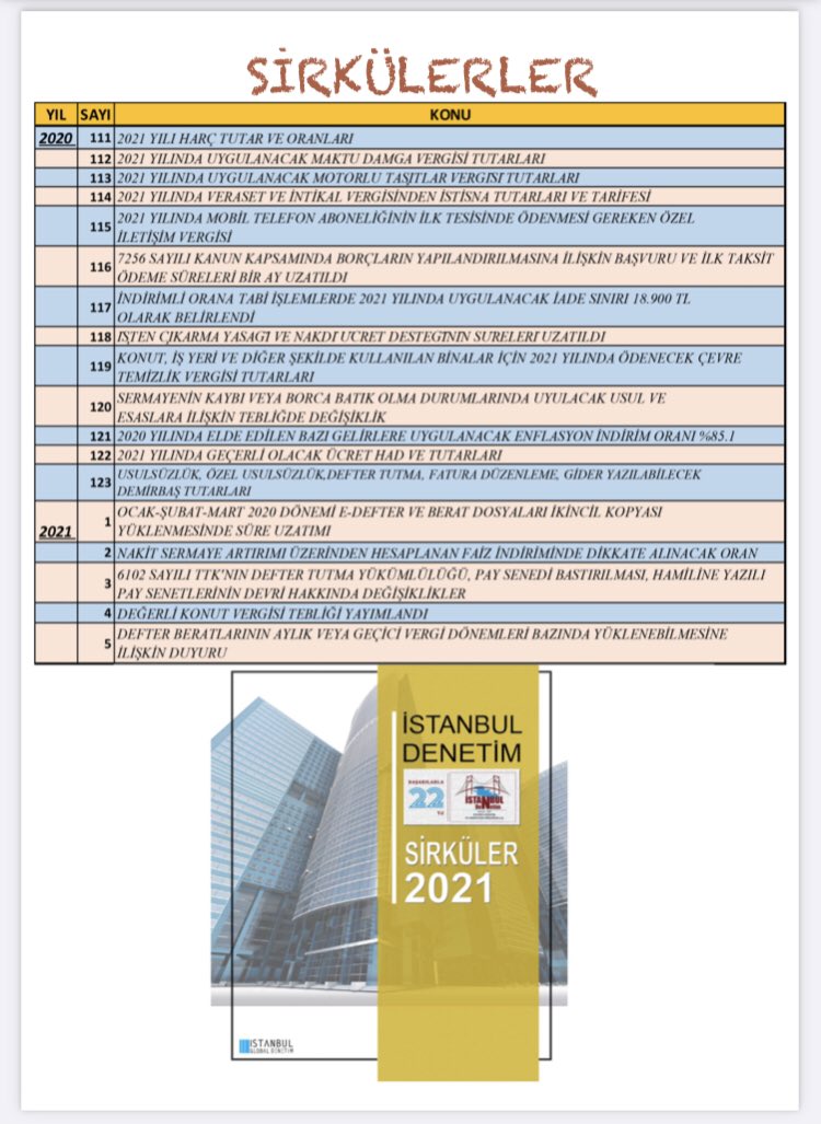 22 yıllık gelenek sürüyor. Sirkülerlerle bilgilendirmemizi sürdürüyoruz. 2020 yılının son sirkülerlerinin ve 2021 yılının yeni kapağıyla ilk sirkülerlerinin listesi ektedir. ⏰ 
Sağlıklı günler dileriz!
#İstanbulDenetim