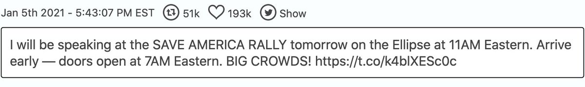 1/5: Trump sends a series of tweets promoting the rally the next day and touting “thousands of people pouring into D.C.” as a way to dissuade “weak Republicans” from accepting the results of the election.