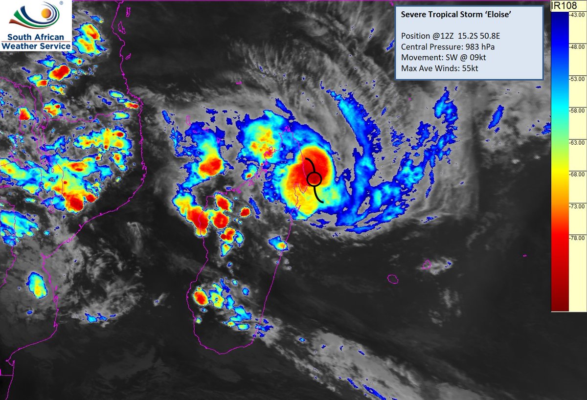 ⚠️Latest update and information on 'Eloise'. Reaching north-eastern coast of Madagascar 🇲🇬this evening. Expected to become an overland depression tomorrow. 
#tropicalstorm #Eloise