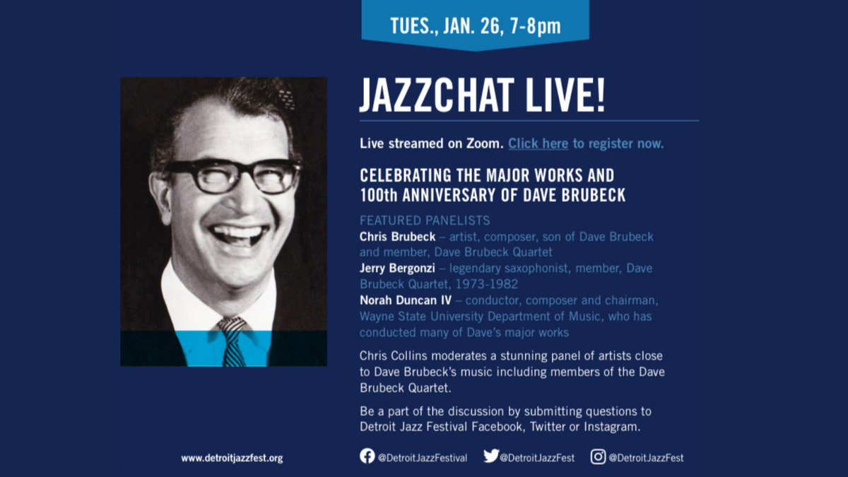 DetroitJazzFestival (@detroitjazzfest) on Twitter photo JOIN US for Jazzchat Live as we celebrate the music and life of <a href="/TheDaveBrubeck/">Dave Brubeck</a> with people close to him and his music.
Register for this #freejazz event here:zoom.us/webinar/regist…
#detroitjazzfest #jazzchat <a href="/ChrisBrubeck/">Chris Brubeck</a> #davebrubeck JOIN US for Jazzchat Live as we celebrate the music and life of <a href="/TheDaveBrubeck/">Dave Brubeck</a> with people close to him and his music.
Register for this #freejazz event here:zoom.us/webinar/regist…
#detroitjazzfest #jazzchat <a href="/ChrisBrubeck/">Chris Brubeck</a> #davebrubeck