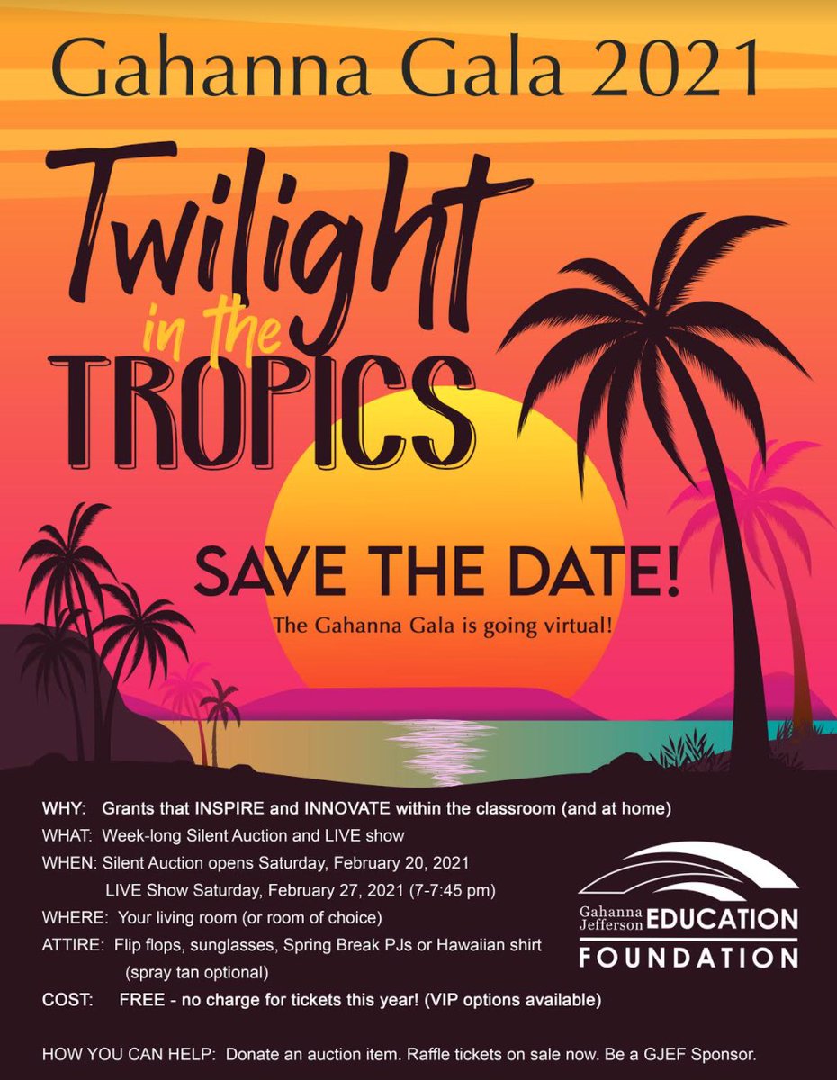 The Gahanna-Jefferson Education Foundation's annual Gahanna Gala is going virtual this year!  GJEF provides incredible resources to our schools and teachers through grants and other opportunities - this annual gala is a great way to support their work!