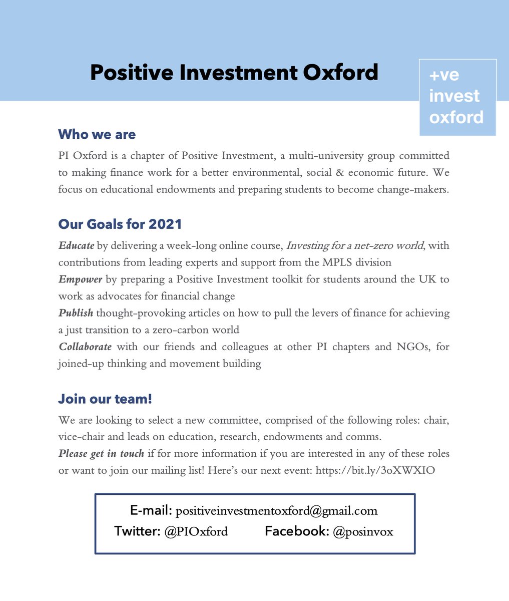Calling Oxford students 📢
Are you passionate about issues like climate justice, biodiversity, workers' rights? 🌿 Are you interested in pulling the levers of finance for positive change? 🪙⚖️ If so, PI could be the group for you! Pls get in touch about new committee roles: