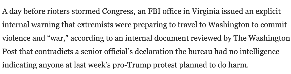 1/5: Trump tweets at various law enforcement, intelligence, and military agencies that he supposedly oversees about the threat from “Antifa.” At the same time, a VA FBI Office warns of a “war” at the Capitol from the far right starting the next day.  https://web.archive.org/web/20210112172232if_/https://www.washingtonpost.com/national-security/capitol-riot-fbi-intelligence/2021/01/12/30d12748-546b-11eb-a817-e5e7f8a406d6_story.html