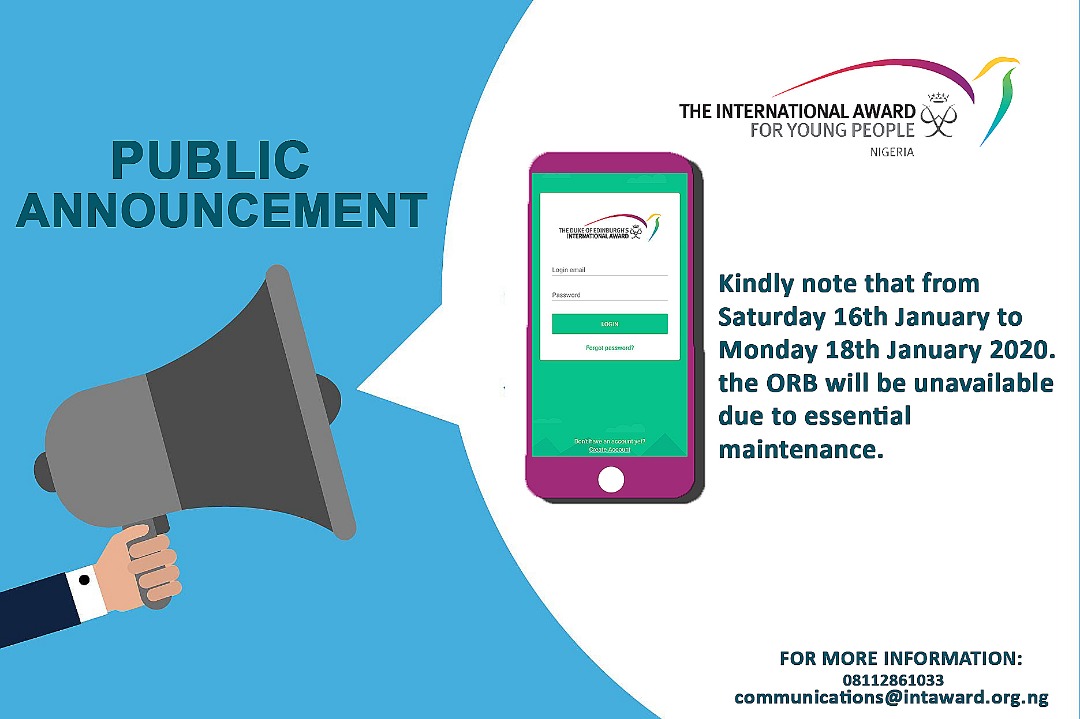 Kindly note that from Saturday 16th January to Monday 18th January 2020.
the ORB will be unavailable due to essential maintenance.

#orb
#essential
#maintanance
#award
#youth
#youngpeople
#awardleaders
#adultmentor
#education
#online

#theawardnig
#changemakers
#school