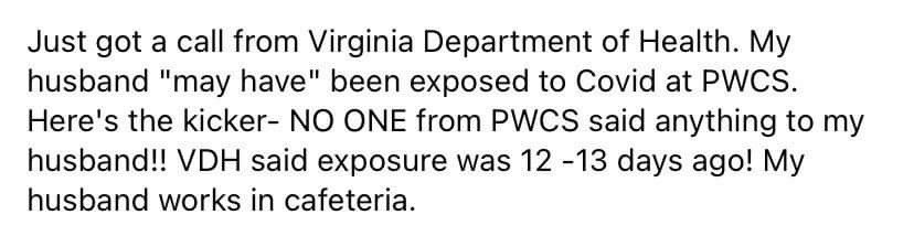 Mitigation isn’t working. Students wear masks improperly or take them off, eat in the classroom, and stand too closely despite reminders. We need answers and vaccines. #WhereIsOurVaccine
<a href="/PWCSChairman/">Chair Lateef PWCS</a> <a href="/Diane4Neabsco/">Diane L. Raulston</a> @lisaforcoles <a href="/yvettedesire/">Loree Williams</a> @adele4schoolbrd <a href="/justindavidwilk/">Justin David Wilk</a>