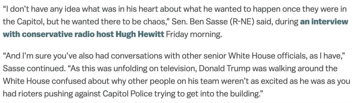 1/6, ~2:20: As chaos overtakes the Capitol, aides are telling senators that Trump is walking around the White House “delighted” with the situation and is “confused” why everyone else isn’t on board with the insurrection  https://www.vox.com/2021/1/8/22220840/sasse-trump-capitol-storming-impeachment