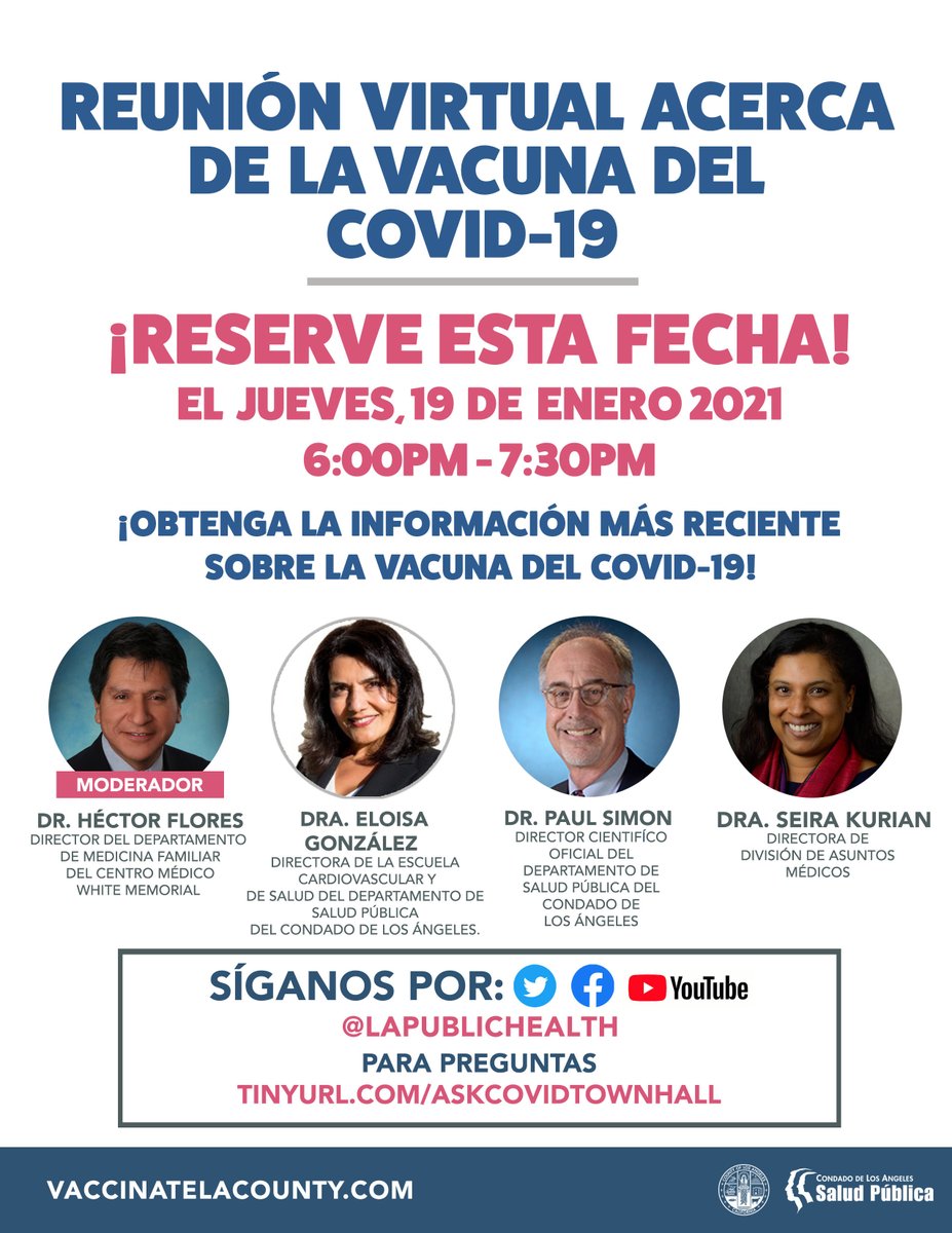 Join the LA County Department of Public Health tonight for a COVID-19 Vaccine Townhall, from 6:00pm - 7:30pm on Twitter, Facebook and YouTube = @LAPublicHealth.  

Ask Questions = tinyurl.com/askcovidtownha…

Get Alerts &amp; Info: VaccinateLACounty.com

publichealth.lacounty.gov/acd/ncorona201…