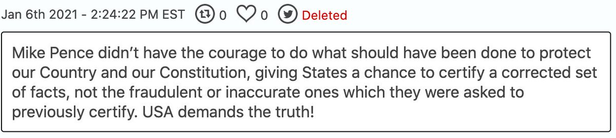 1/6, 2:24: Trump tweets an unhinged condemnation of VP Pence--even as the insurrectionists are just a few feet away from getting to him. His tweet provokes a scramble to find him by the insurrectionists inside the Capitol  https://web.archive.org/web/20210117020626if_/https://www.washingtonpost.com/politics/pence-rioters-capitol-attack/2021/01/15/ab62e434-567c-11eb-a08b-f1381ef3d207_story.html  https://web.archive.org/web/20210106220539/https://www.nytimes.com/2021/01/06/us/politics/protesters-storm-capitol-hill-building.html