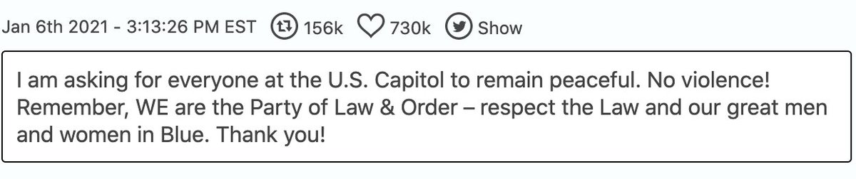 1/6, 3:13: Trump tweets to ask everyone “at the U.S. Capitol” (not inside attacking it) to “remain peaceful” (again, as if they were). Not to tell them to leave the capitol and stop attacking it! Rep Gallegher tweets a vid hiding in his office urging the president to call it off