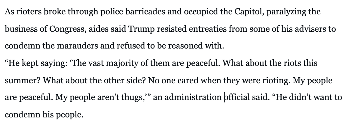 1/6, ~2:45: Trump resists requests to act on the request to bring up the National Guard. Ultimately, VP Pence does so even without the legal authority to do so!   https://web.archive.org/web/20210110065617if_/https://www.washingtonpost.com/politics/trump-resignations-25th-amendment/2021/01/07/e131ce10-50a3-11eb-bda4-615aaefd0555_story.html  https://web.archive.org/web/20210116071545/https://www.nytimes.com/live/2021/01/06/us/washington-dc-protests#trump-rebuffed-initial-requests-to-deploy-the-national-guard-to-the-capitol-pence-gave-the-go-ahead