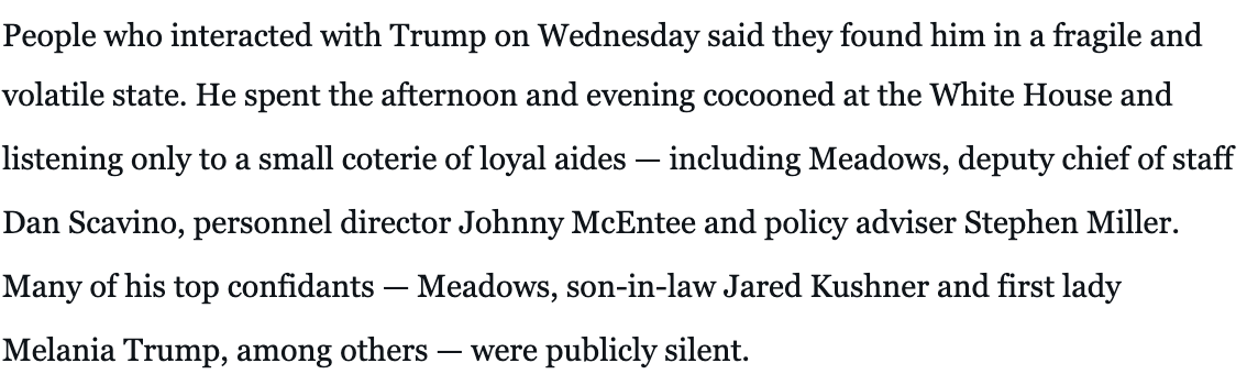 1/6, ~3:00: Trump is conferring with the world’s worst group of “advisors” about the situation. We know that this same group thought the entire situation was overblown by the media even the next day after everything!  https://web.archive.org/web/20210110065617if_/https://www.washingtonpost.com/politics/trump-resignations-25th-amendment/2021/01/07/e131ce10-50a3-11eb-bda4-615aaefd0555_story.html  https://twitter.com/kaylatausche/status/1347354365665943552