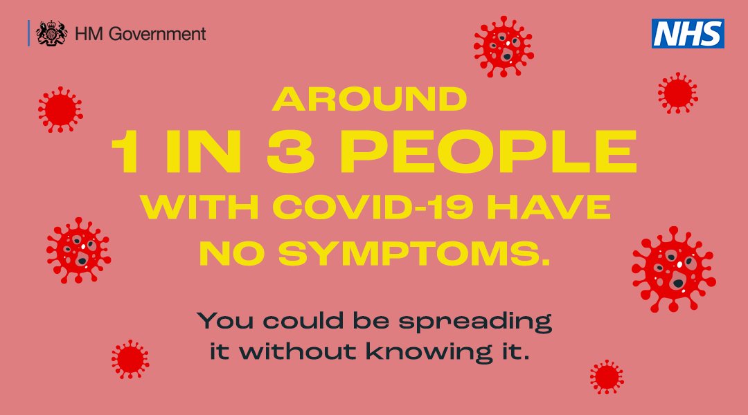 NHSEngland's tweet image. Not everyone with coronavirus shows symptoms.

To help stop the spread, keep washing your hands, covering your face and making space.

For more guidance, visit nhs.uk/coronavirus. #HandsFaceSpace