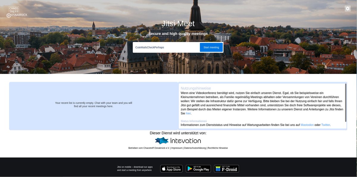 Wir sind fertig mit den Wartungsarbeiten und sind nun auf der aktuellsten #Jitsi Version. Die Landing Page erstrahlt nun auch im neuen Glanz mit einem Stück #Osnabrueck ! 

Wir wünschen viel Spaß beim konferieren, bei Problemen meldet euch wie immer gerne!