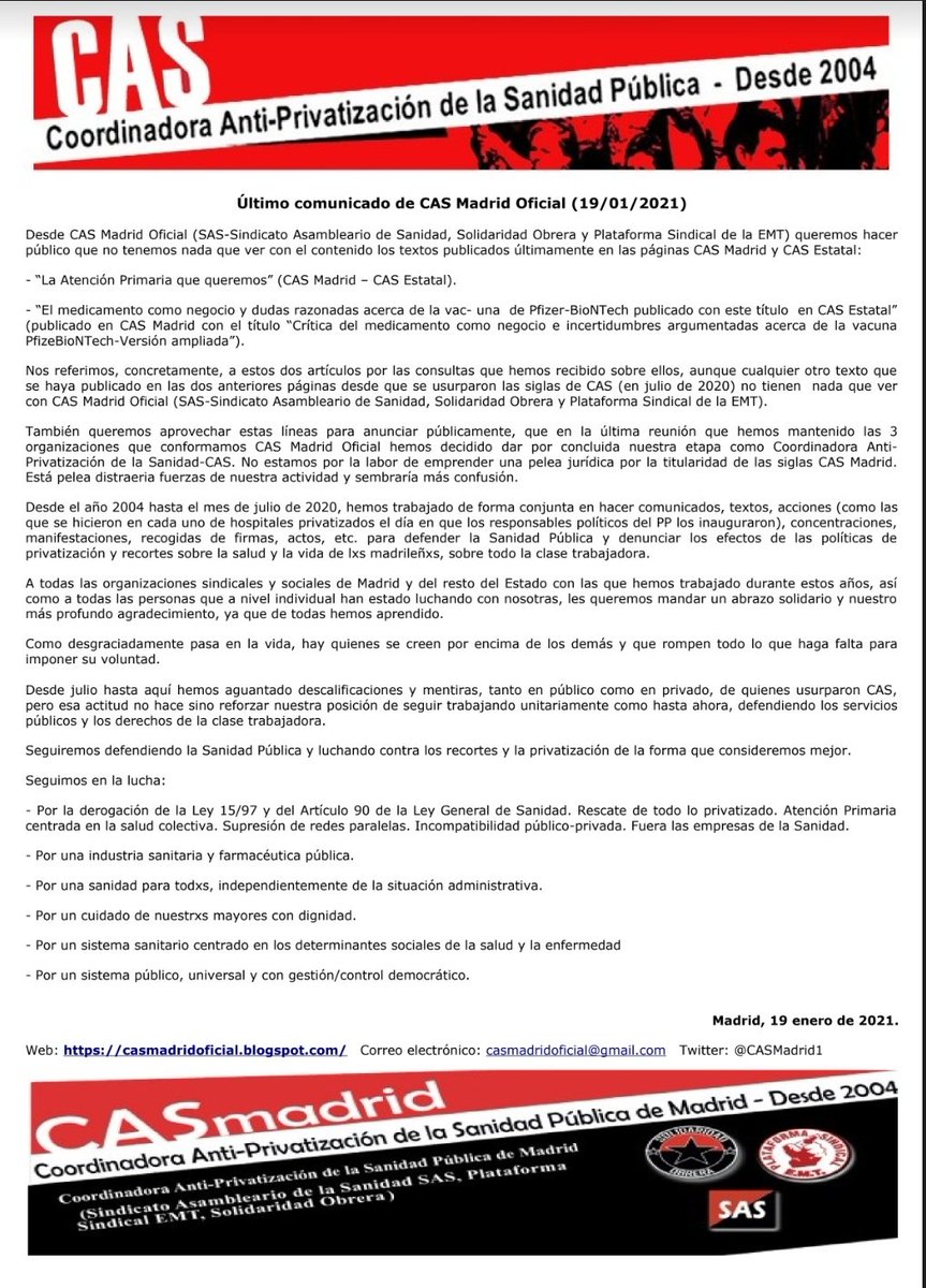 SoliObrera's tweet photo. Último comunicado CAS Madrid:
SAS, Sindicato Asambleario de la Sanidad, Plataforma Sindical EMT y Solidaridad Obrera, nos desligamos definitivamente de CAS, Coord. Antiprivatizacion de la Sanidad
Seguimos en la lucha.
#Derogacion1597
#LaPrivatizacionMata
https://t.co/brXSqEVlql https://t.co/4sPRC4Nqf2